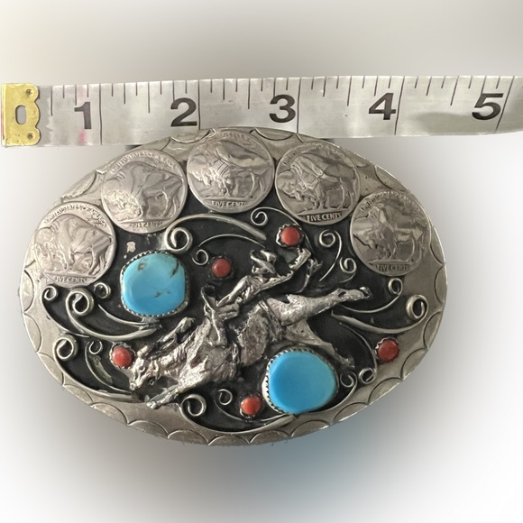Hand Crafted SQUAW WRAP Signed Silver Belt Buckle Turquoise Coral Cowboy Horse - Picture 2 of 7